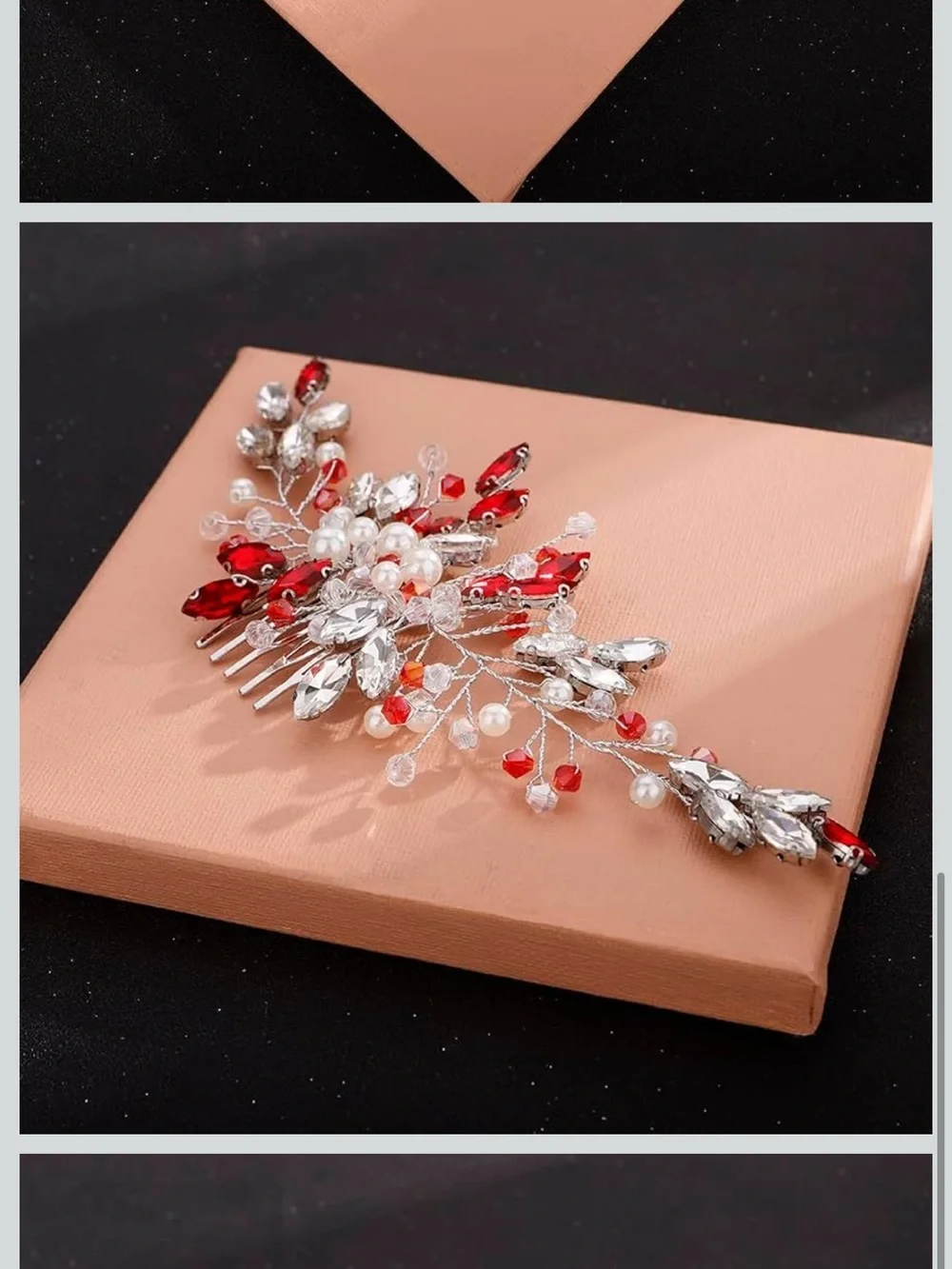 Amazon Red and Silver Bridal Hair Comb with Pearls and Crystals